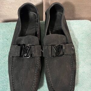 Louis Vuitton Black Suade Slip On Loafers with Metal LV Logo Size 11